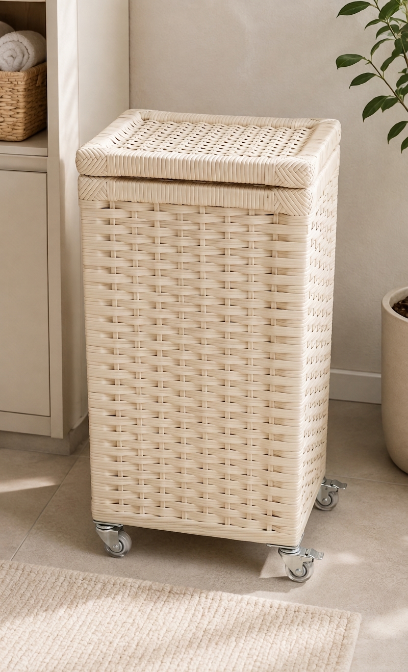 Cesto para Roupas 54 Litros Palha 30x30x60 Rodizios em ambiente