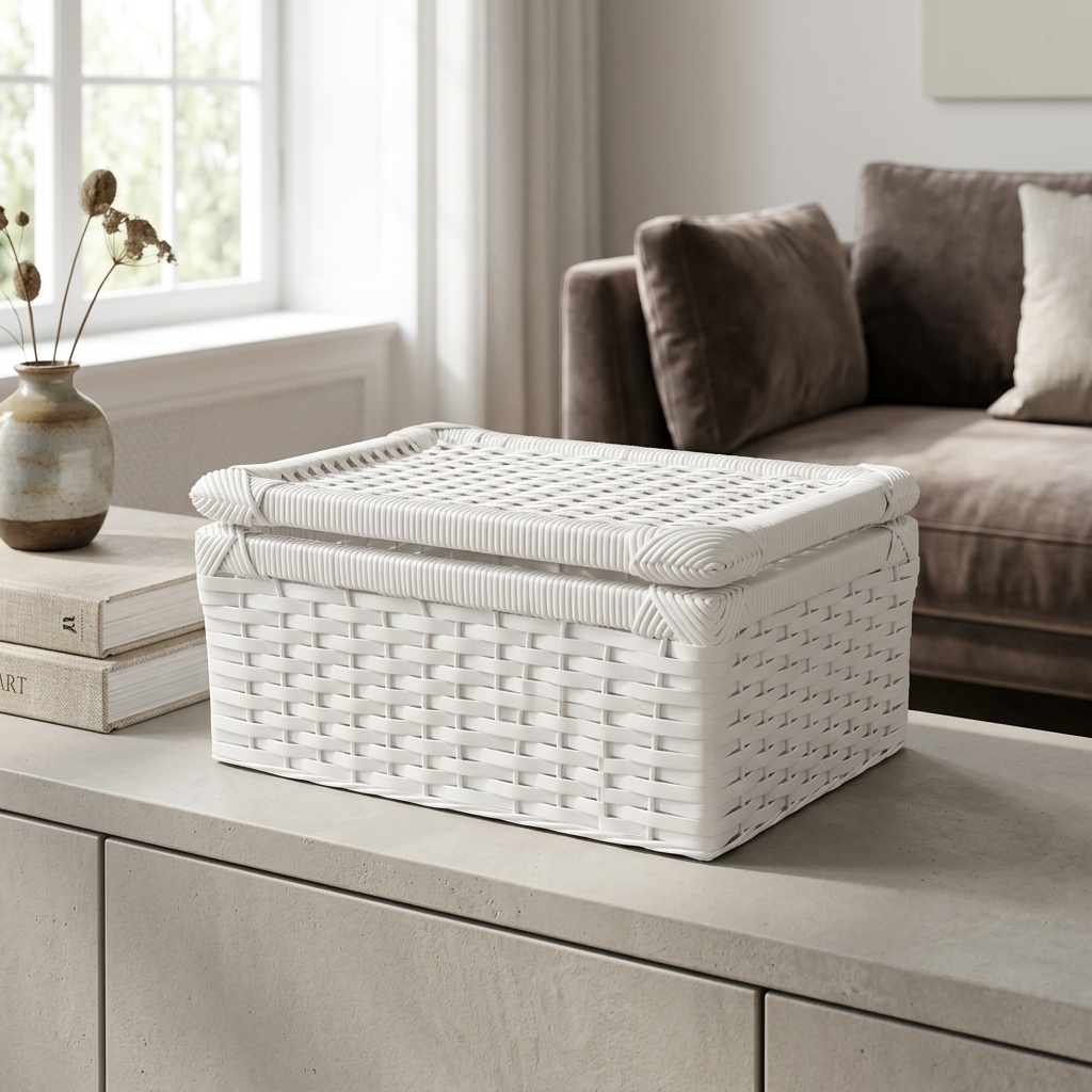 Caixa de Vime Sintético Branco 40x30x18 Cm em ambiente