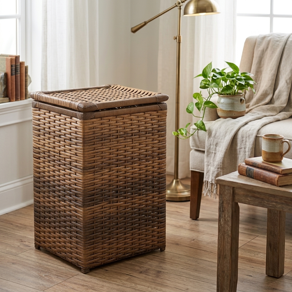 Cesto de Roupa em Vime Sintético Argila 30x30x58 Cm em ambiente