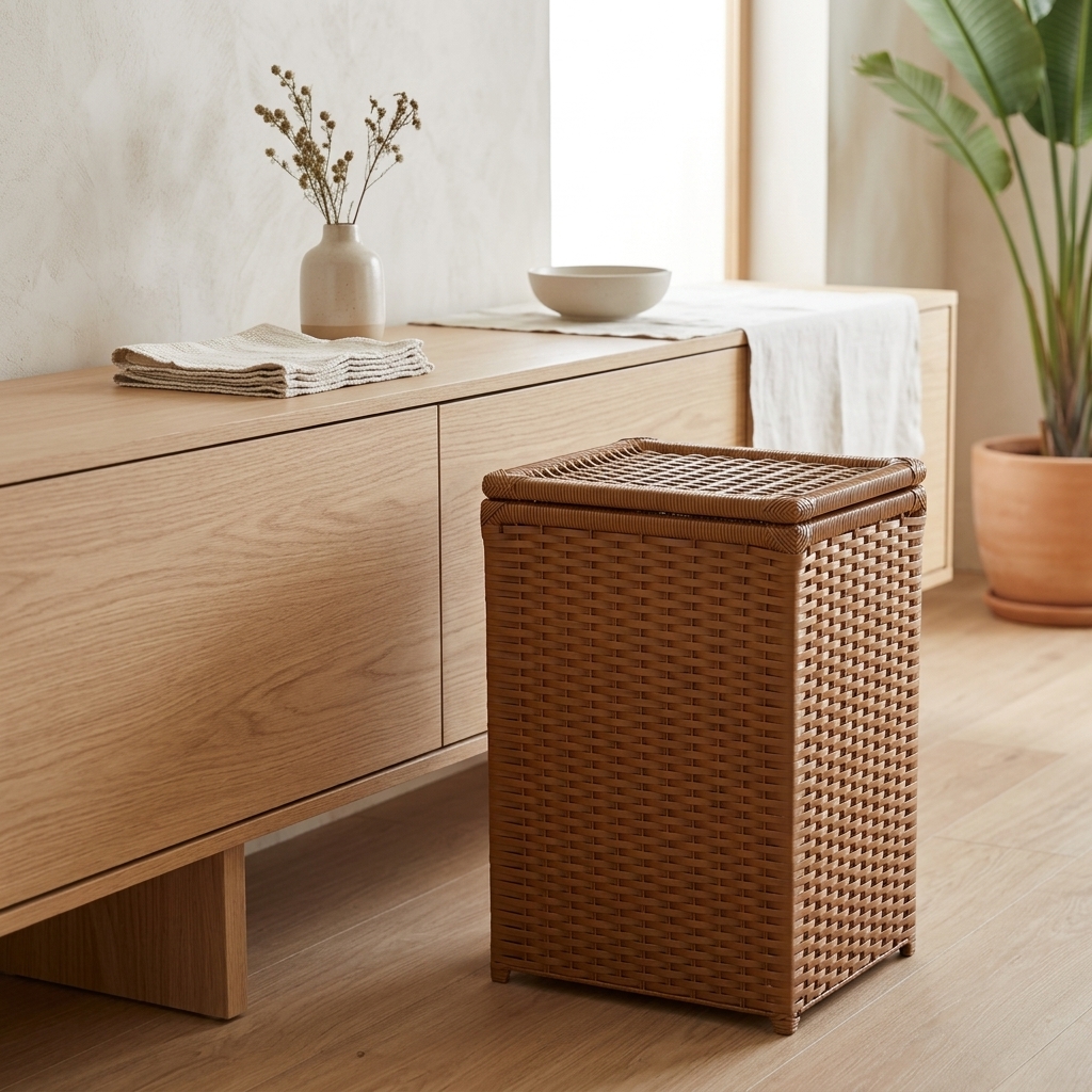 Cesto de Roupa Avelã em Vime Sintético 40x30x60 Cm em ambiente