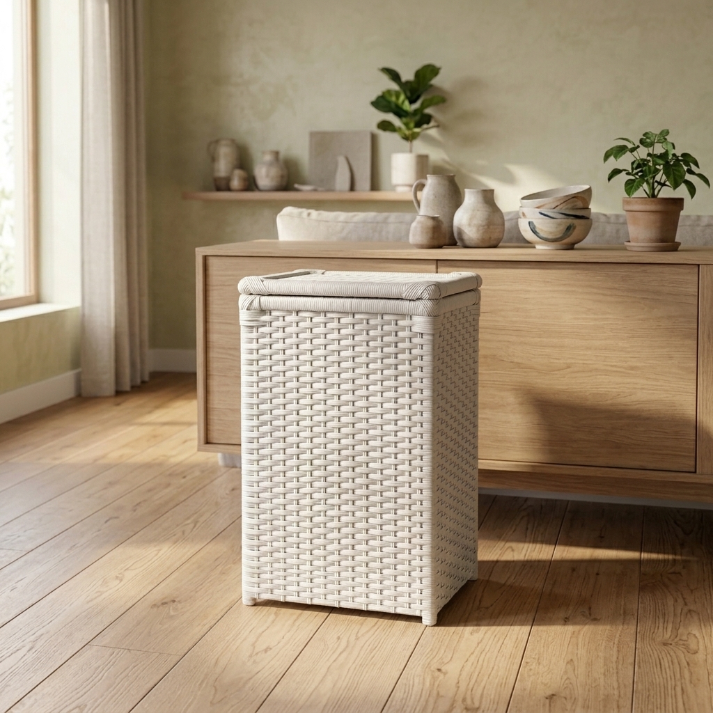 Cesto de Roupa Branco Artesanal 40x25x60 Cm em ambiente