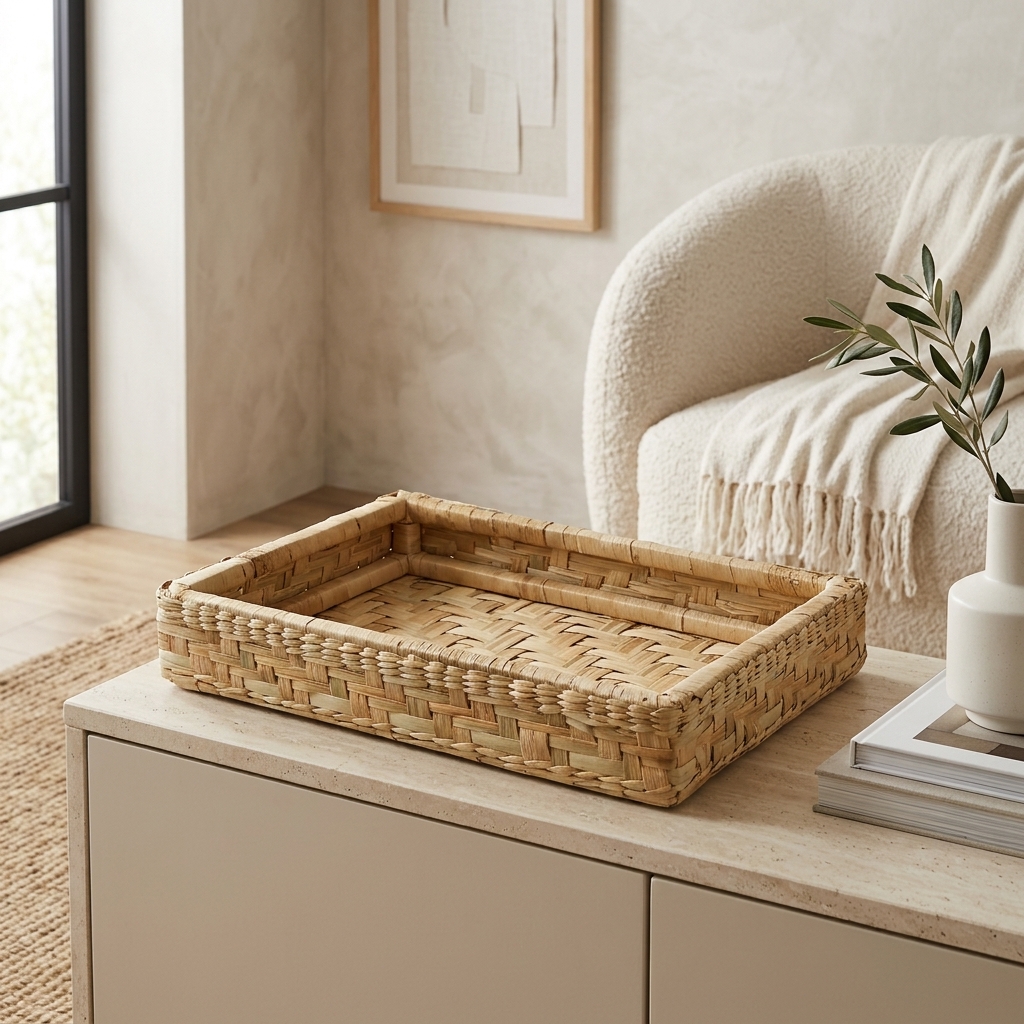 Bandeja Retangular em Taboa Natural 40x30x15 Cm em ambiente