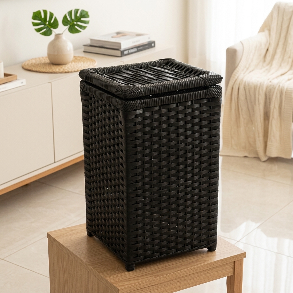 Cesto de Roupa Suja Artesanal Preto 30x30x60 Cm em ambiente