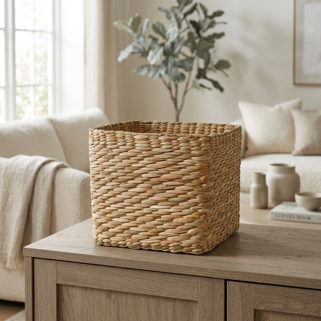 Caixa Cesto Organizador de Taboa Natural 26x26x22 cm em ambiente
