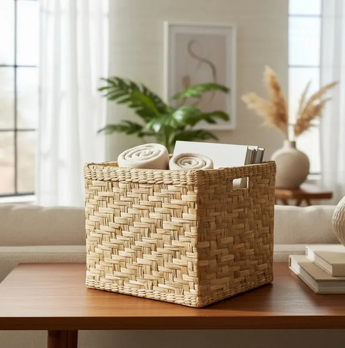 Cesto Organizador em Fibra de Taboa Natural 30x30x20 cm em ambiente