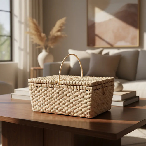 Cesta Picnic Artesanal M Palha Natural 42x25x19 Cm em ambiente