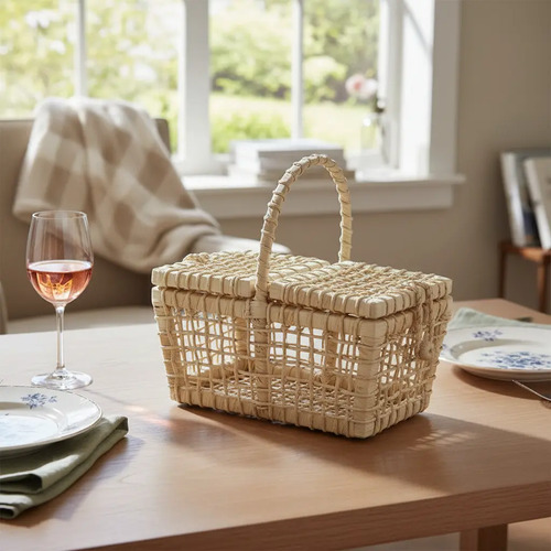 Cesta Piquenique P em Palha de Milho 29x19x14 Cm em ambiente